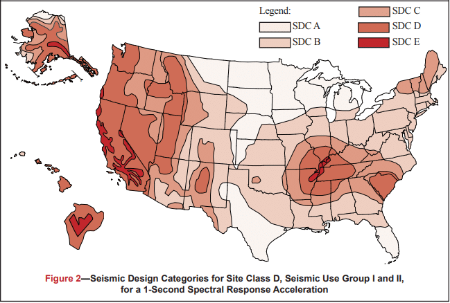 A United States map showing Seismic Design Categories (SDC A to SDC E) for Site Class D, detailing seismic hazard zones across different states for post tension slab structural design risk assessment.